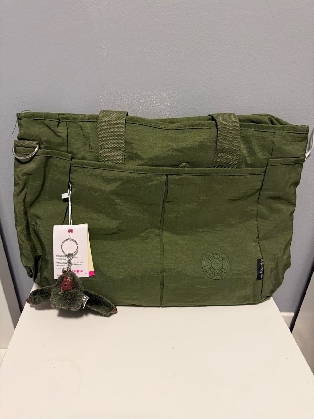 Kipling Olive Green Tote with Monkey Keychain